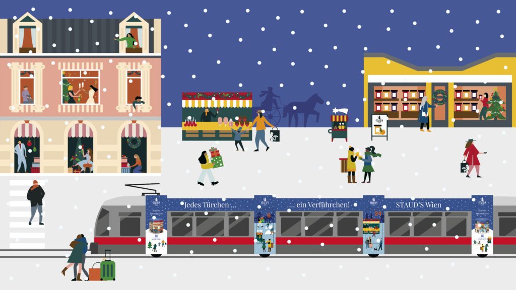 Viele Wege führen zum STAUD’S Adventkalender. Am einfachsten geht’s mit der 44er Straßenbahn über die Station Yppengasse bis zum Brunnenmarkt. Eine Garnitur ist nun im Advent-Look unterwegs.